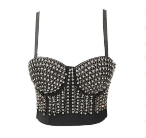 Sexy Waist-Baring Chain Decorated Mini Camisole Bralette with Boning Design