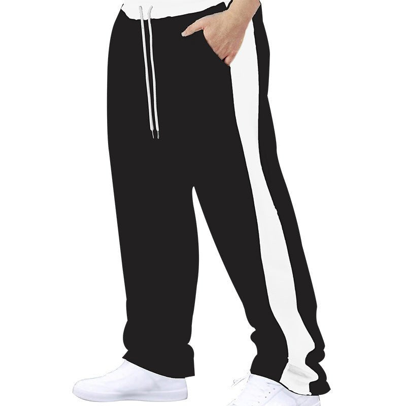 Stitching Contrast Color Loose Straight Drawstring Leisure Pants Men - BAGMODA