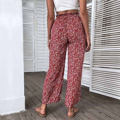 Retro-Rot für Damenhosen aus Rayon mit hoher Taille und weitem Bein