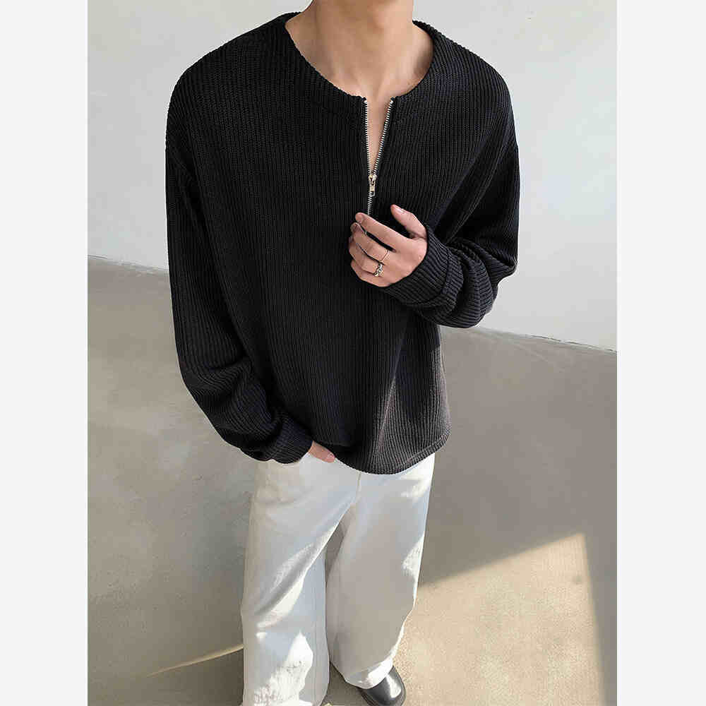 New Texture Sense Henry Collar Half Zipper Sweater For Men