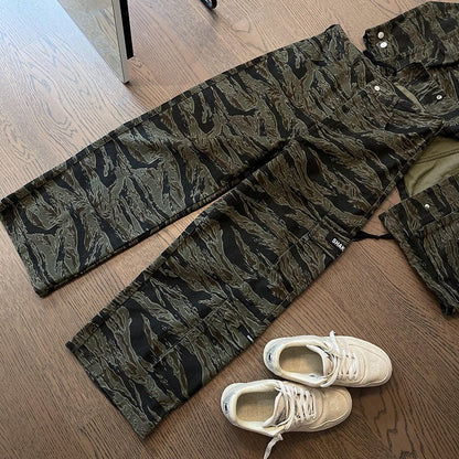 Loose Tiger Pattern Camouflage Pocket Overalls Men Straight - leg Pants - BAGMODA