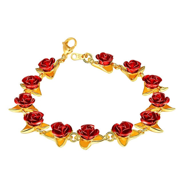 U7 Bracelet Red Rose Flowers Wrist Chain Charm Mother's Day Gift For Women Wedding Party Jewelry Bridesmaid Bracelets
