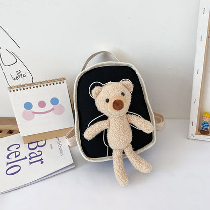 Niedlicher Mini-Kindergartenrucksack aus Segeltuch mit Bärenpuppe
