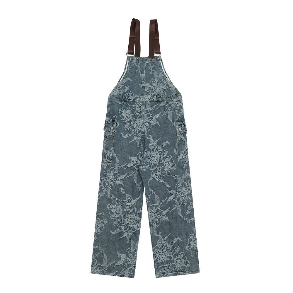 Flower Jacquard Denim Suspender Pants Men - BAGMODA