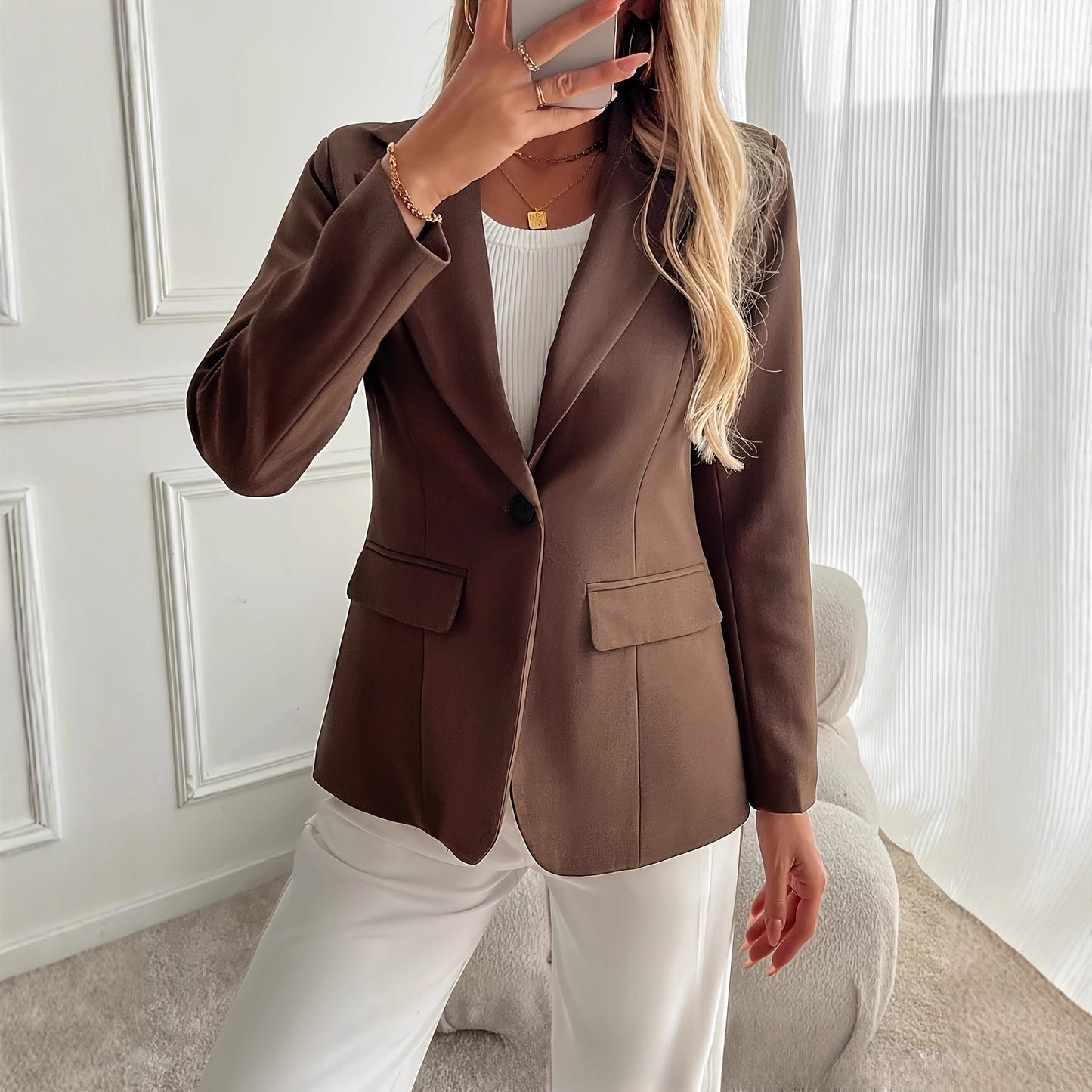 Fashionable Elegant French Solid Color Polo Collar Jacket