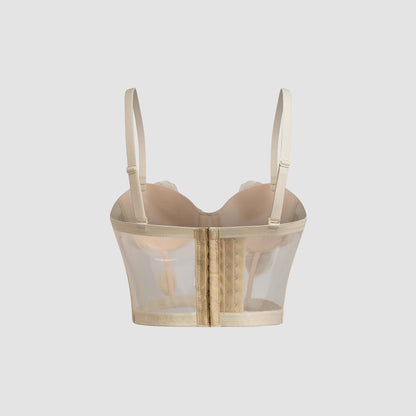 Diseño de espalda sexy de malla transparente y detalle de flor de rosa