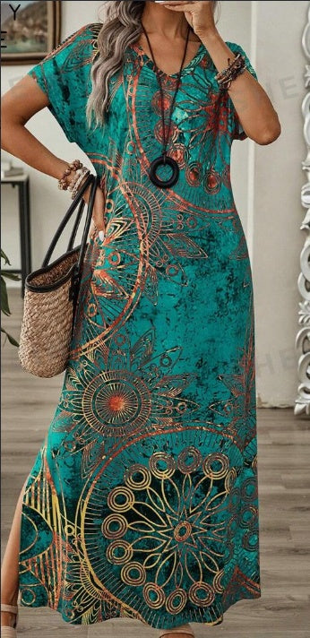 Vestido largo informal de verano con cuello en V y mangas murciélago y estampado floral vintage para mujer