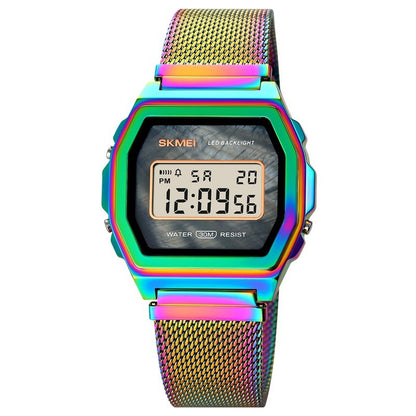 Reloj electrónico de acero inoxidable resistente al agua para estudiantes, moderno, multifunción y con personalidad.