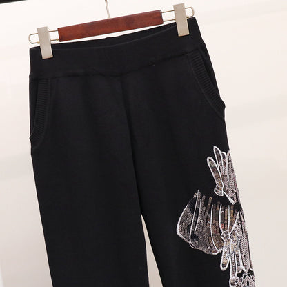 Suéter de punto de manga larga, pantalones de punto casuales, traje de punto de moda para mujer