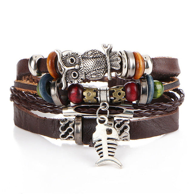 2 pcs Tibet Stone Feather Multilayer Leather Bracelet Eye Fish Charms Beads Bracelets for Men Vintage Punk Wrap Wristband