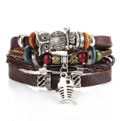 Pulsera de cuero multicapa con plumas de piedra tibetana para hombre, 2 unidades, con cuentas de ojo de pez, estilo punk vintage.