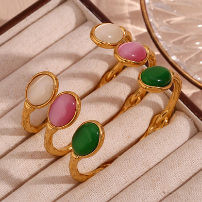 Ovales Naturstein-Armband, offen, unregelmäßig, grüner Achat, rosa Kristall, 18 Karat vergoldet, 316L Edelstahl, Armbänder für Frauen 