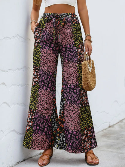 Lace up leopard print high waisted wide leg pants for women - BAGMODA