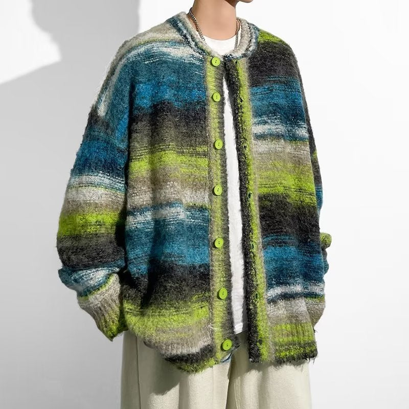 Contrast Color Sweater Hong Kong Style Trendy Baggy Coat Men's And Women's Fashion Casual Knitted Cardigan Top