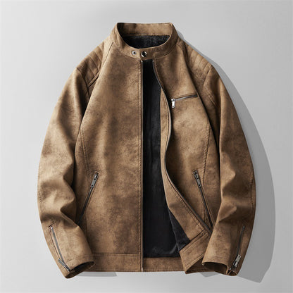 Herren Fleece-gefütterte Slim Fit Hübsche Motorradbekleidung Stehkragen Lederjacke