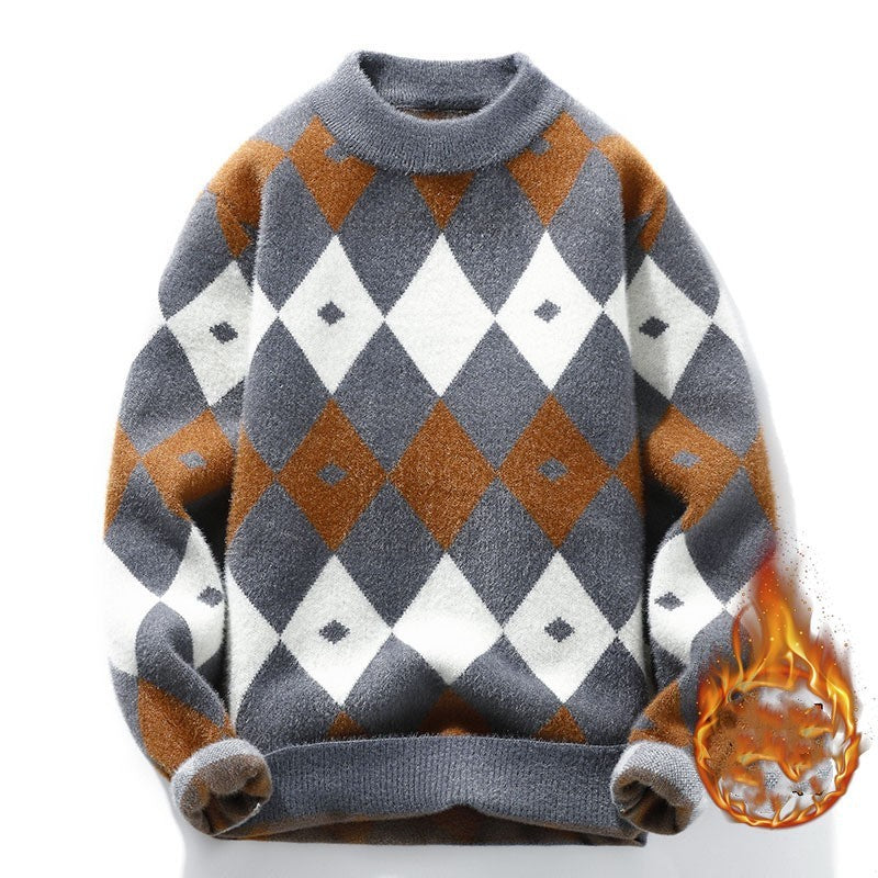Personalized Knitting Men's Plush Thickened Top Long-sleeved Round Neck Sweater