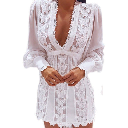 Vestido blanco elegante, sexy, con escote en V, de encaje y mangas largas abullonadas, estilo mariposa para mujer