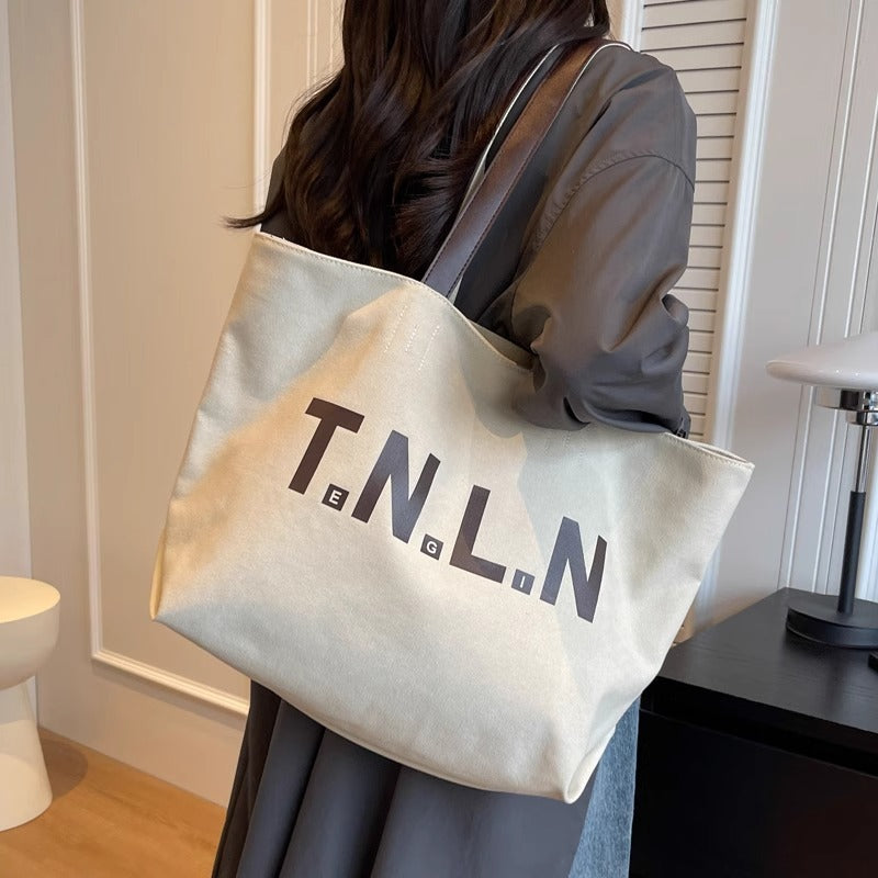 Casual Letter Print Canvas Shoulder Tote