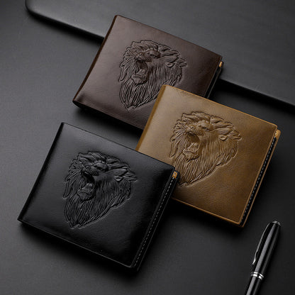 Cartera con cremallera para hombre con estampado de león en relieve