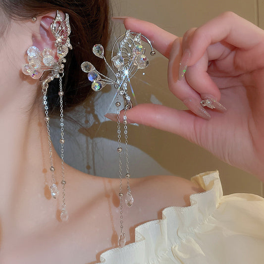 No Pierced Diamond Butterfly Crystal Tassel Ear Hanging