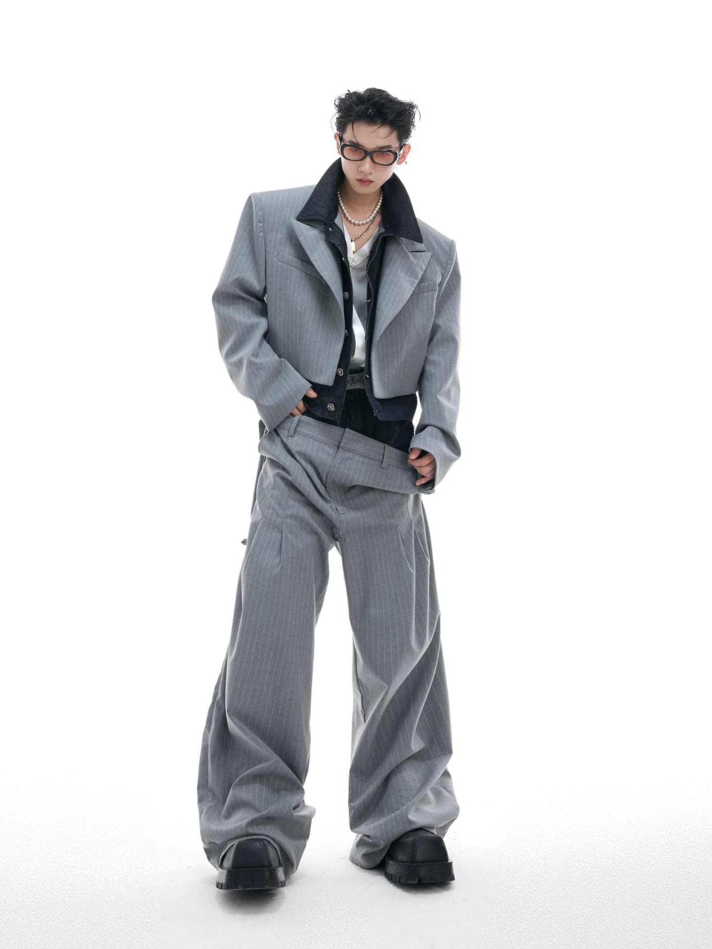 Niche Double Waist Striped Suit Pants Raw Denim Stitching Design Sense Draped Pants Men And Women
