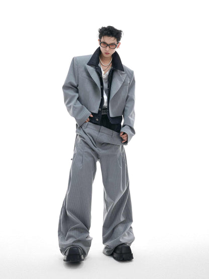 Niche Double Waist Striped Suit Pants Raw Denim Stitching Design Sense Draped Pants Men And Women