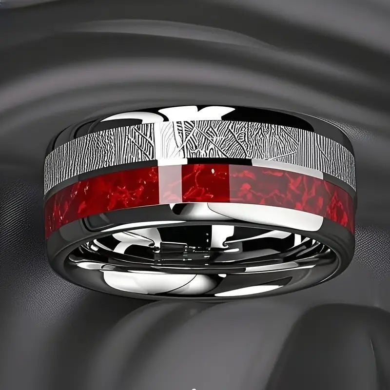 European And American Stainless Steel Ring Two-tone Design Silver And Red Texture