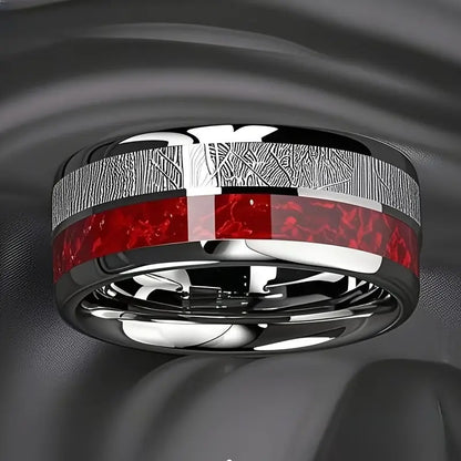 Anillo de acero inoxidable europeo y americano con diseño bicolor, textura plateada y roja.
