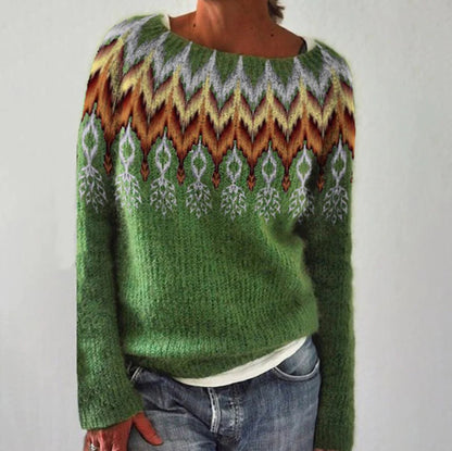 Suéter de punto holgado multicolor con cuello redondo para mujer