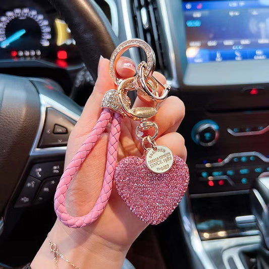 Clay Diamond Fully Jeweled Loving Heart Key Chain Diamond Leather Rope
