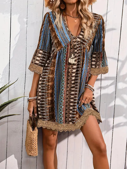 Vestido bohemio con cuello en V, estampado, informal, holgado, para playa, para mujer