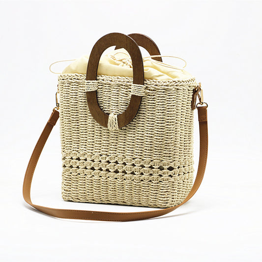 Bolso de mano tejido con un solo hombro para mujer, hecho de papel hueco con hierba