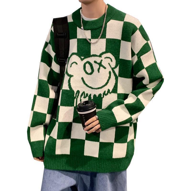 Autumn And Winter Loose Chessboard Round Neck Sweater Male