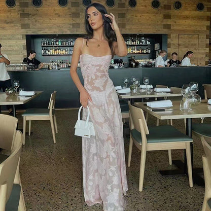 Vestido de verano largo con tirantes y encaje de flores, sexy, con espalda estrecha y cordones, para fiesta, noche y club.