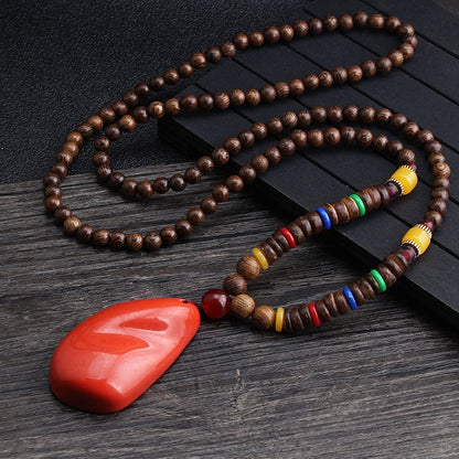 Collares para hombres y mujeres, cadena de suéter con cuentas de madera retro, colgante largo Bodhi