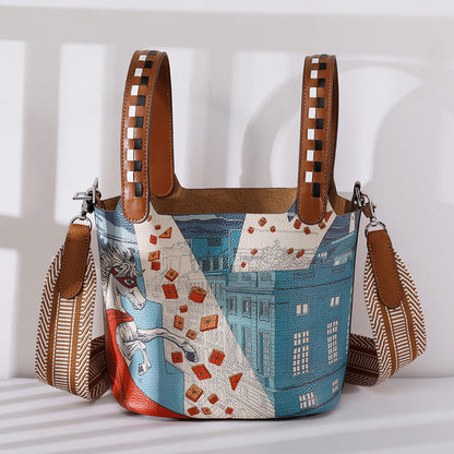 Cowhide Leather Bucket Bag