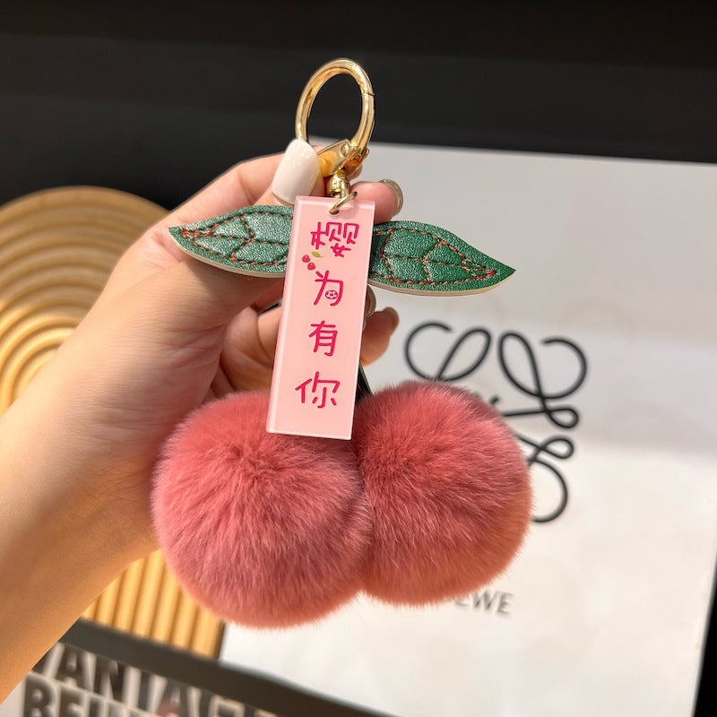 Real Otter Rabbit Fur Grass Little Cherry Car Keychain Pendant