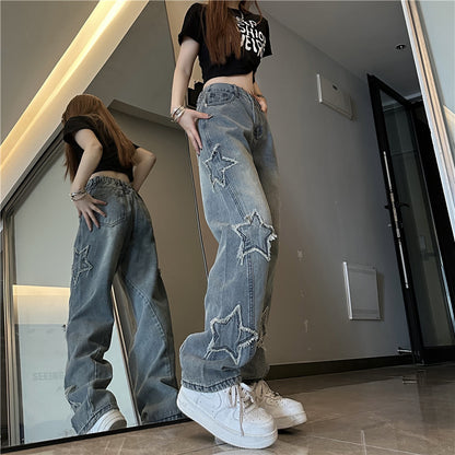 Pantalones vaqueros azules bordados XINGX para mujer, holgados, rectos y de pierna ancha