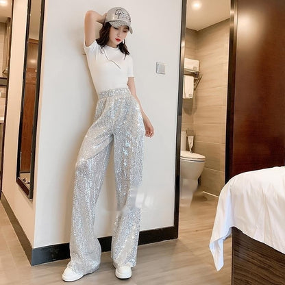 Pantalones anchos con lentejuelas blancas plateadas para mujer