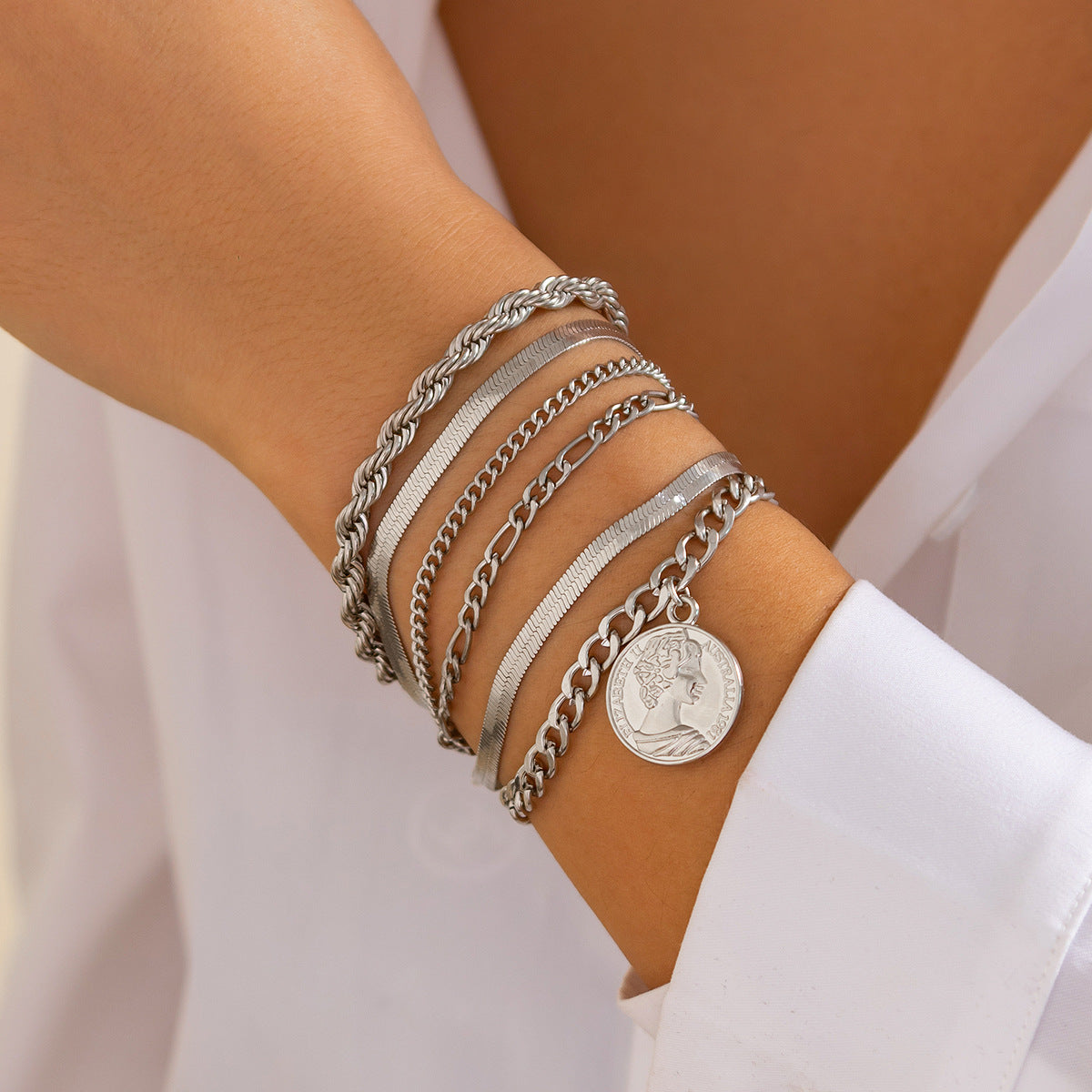 Ins round pendant Bracelet set irregular metallic flat snake chain bracelet - BAGMODA