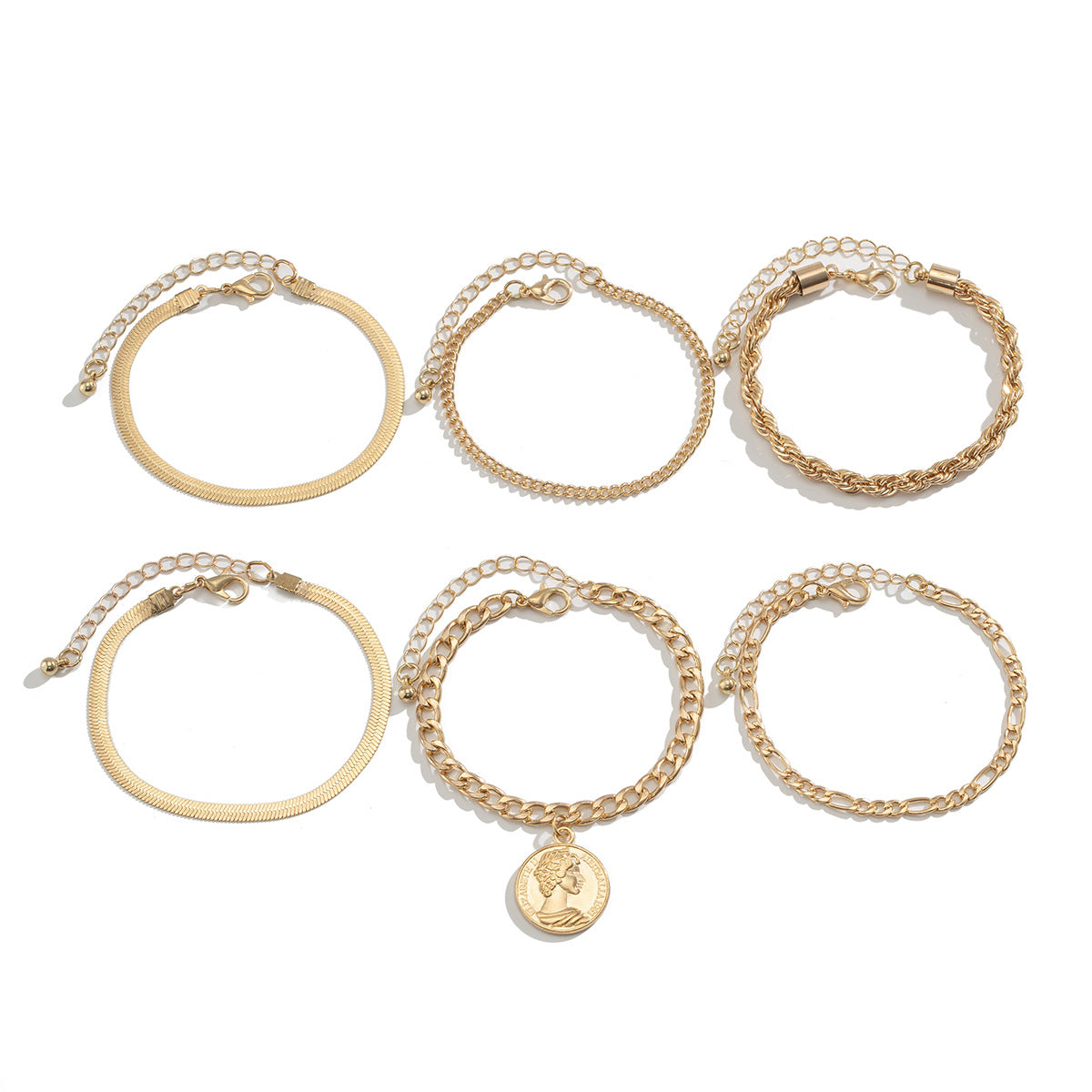 Ins round pendant Bracelet set irregular metallic flat snake chain bracelet - BAGMODA