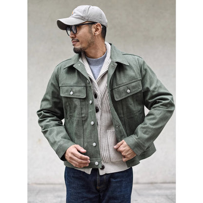 Vulkanisierter grüner Puree Denim Retro Workwear Reine Baumwollmantel Herren