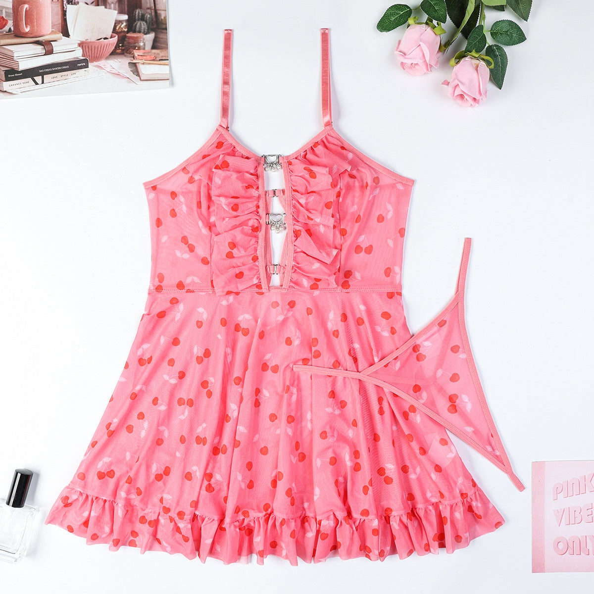 European Women's Fashionable Mesh Dress with Print, Strapless Hollow-out Design, Cute Girly Pink Camisole Nightgown Transparent Set