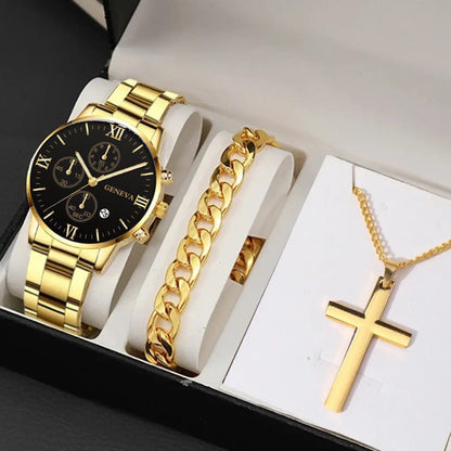 Reloj de pulsera de acero con calendario único y tres ojos para hombre, estilo empresarial, con pulsera cruzada