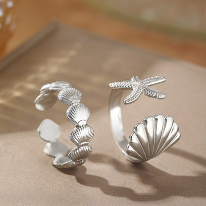 Anillo ajustable abierto con diseño de concha y estrella de mar estilo vacaciones de elementos marinos para mujer