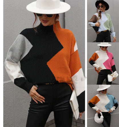 Suéter holgado de punto con cuello redondo y bloques de color para mujer