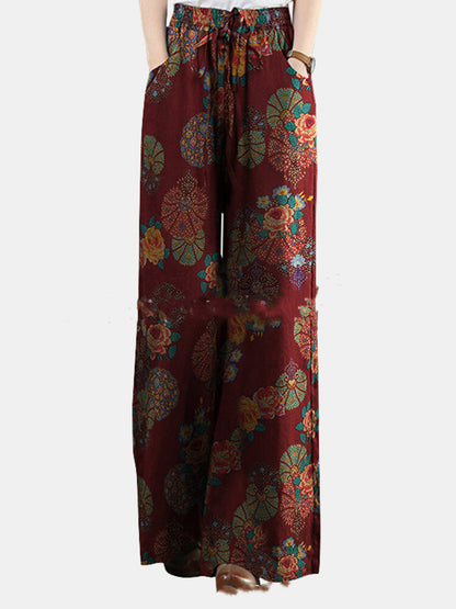 Neue bedruckte Hose mit weitem Bein aus Baumwolle und Leinen für Damen