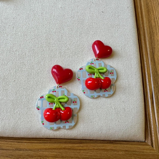 Spring And Summer Cute Cherry Plaid Earrings Girl Love Heart Stud Earrings