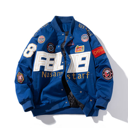 Pareja de otoño e invierno con uniforme de béisbol de motocicleta americana