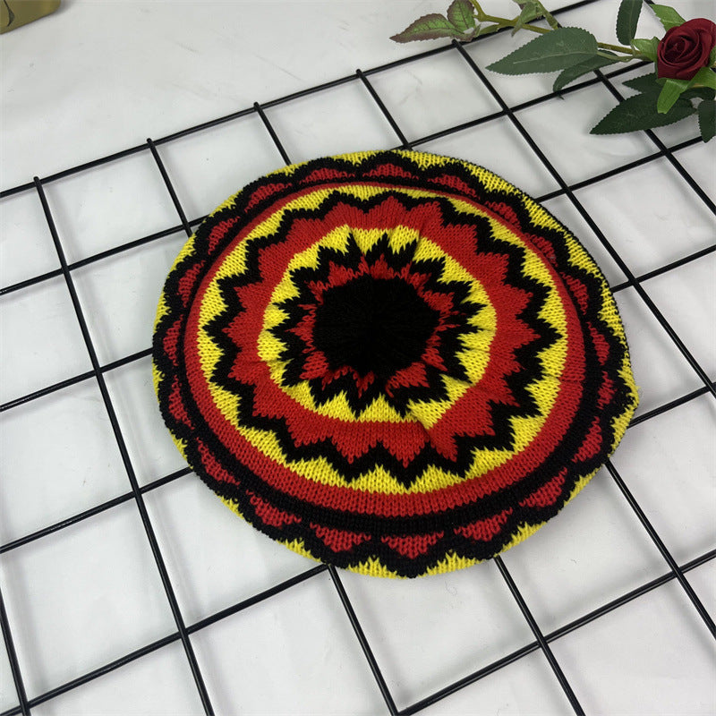 Hand Crocheted Wool Beret Jamaica Colorblock Knit
